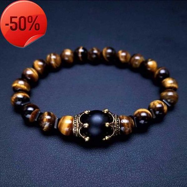 

charm fashion natural jewelry elasticity antique crown blue tiger eye stone beaded men bracelet, Silver