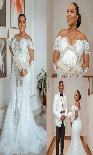 

arabic style 2022 plus size mermaid wedding dresses with appliques sweep train long sleeve beaded bridal party gowns vestido de no3177190, White