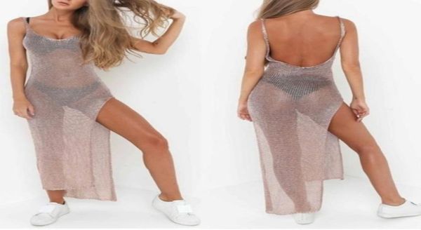 

women summer sunscreen sheer mesh bikini cover up metallic solid color backless high slit beach club party sleeveless dress3095481, Black;gray