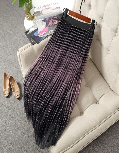 

2021 fall winter elastic waist pink wine gray beige chocolate retro polka dot tulle pleated panelled midcalf aline skirt 21g1497729, Black