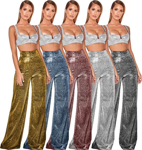 

2023 bling sequins wide leg pants women casual high elestic waist long pant female bottoms ship5727913, Black;white
