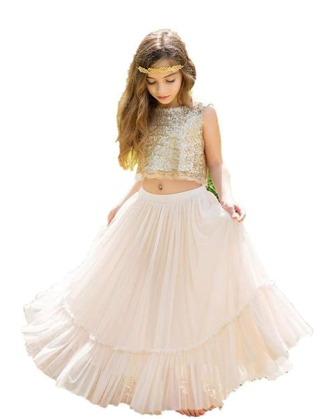 

bohemian flower girls dresses 2023 two pieces style gold sequins junior bridesmaid dress crop beach country boho girls dance d7198258, White;blue
