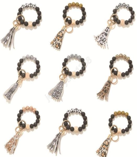 

wood beads bracelet strands keychain for women pu leather tassel leopard bracelets keychain keyring jewelry accessories6469636, Golden;silver