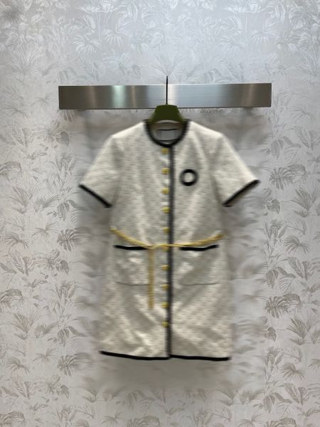 

luxury brand elegant single-breasted dress with metal belt summer embroid casual lady dresses o-neck short sleeve high waist dress, Black;gray