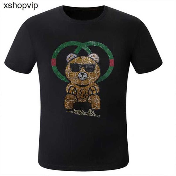 

mens t-shirts luxury short sleeved tees bear rhinestone design fashionable male cotton casual pus size man clothing m-5xl, White;black