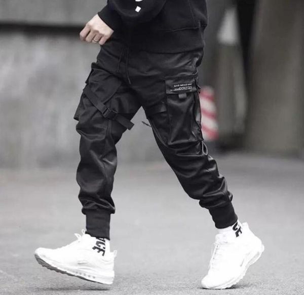 

hip hop black cargo trousers jogger pants men elastic waist tactics cargo pants male ribbon pocket men039s paratrooper pants w29188032