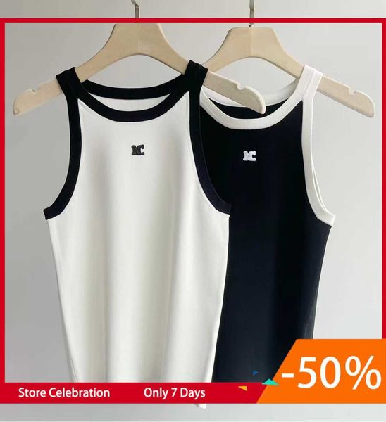 

spring/summer new women's clothing mc letter embroidery contrast color edge shoulder cutting slim knitted tank strap, White