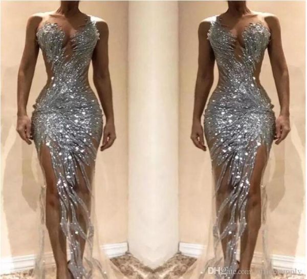 

sparkly silver mermaid prom dresses 2022 see through sequins bodice split long women occasion evening gowns custom made bc0622903381, Black