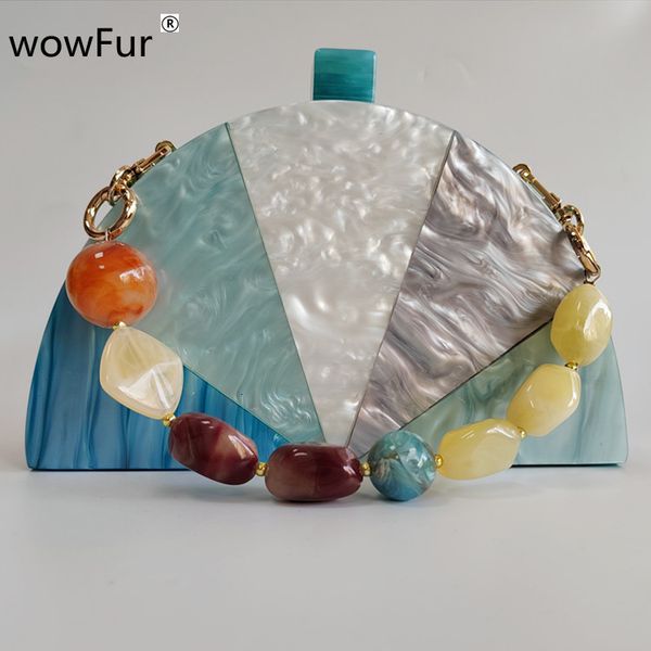 

evening bags half moon shape pearl colorful striped acrylic box clutche female shoulder hand bags wallet travel beach summer 230804