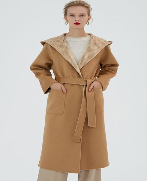 

2019 hooded camel water moire double sided womens cashmere coats ladies belted waist wool coats dhl 2140742, Black