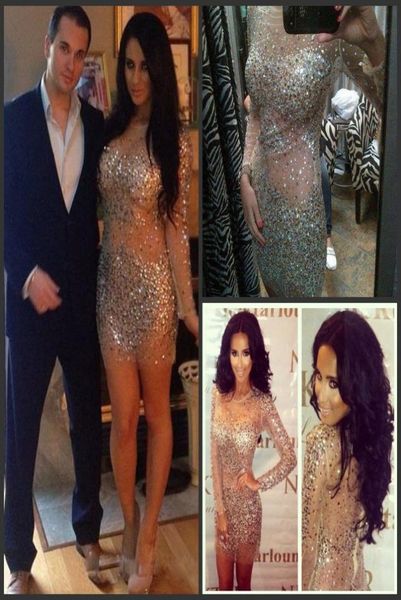 

2018 kim kardashian dresses nude crystals cocktail dress with long sleeves sheer neck bling champagne rhinestones sheath prom even2365303, Black
