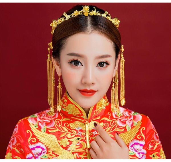 

classical headwear chinese style wedding hair accessories phoenix coronet gold color hairpins earrings bridal crown jce0677389727, Slivery;golden