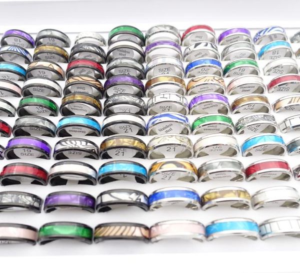 

whole 50pcslot stainless steel band rings for men women 8mm shell mix patterns silver black plated fashion jewelry party gift2904667