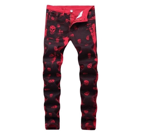 

2020 autumn men039s fashion skeleton skull printed night club personality jeans male slim fit red denim pants long trousers x069641467, Blue