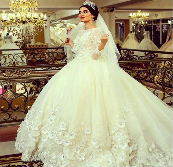 

beaded 3d floral applique ball gown wedding dresses with long sleeves chapel train wedding gown ivory lace tulle corset bridal gow5338239, White