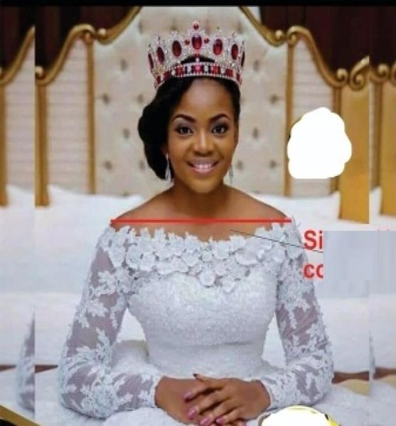 

long sleeve ball gown lace wedding dress factory custom make off shoulder small flowers neck vestido de noivas robe de mariage4905748, White