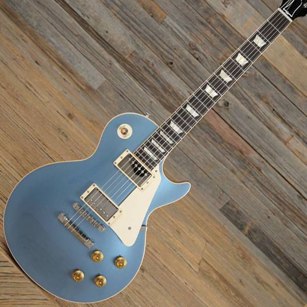 

custom lp electric guitar with shipping bindings, body and neck, mahogany fingerboard, metallic blue finish, ing