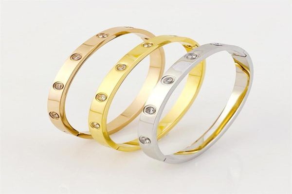 

luxury stainless steel 18k gold bangle love bracelets with shining diamond crystal stone women party wedding jewelry gift1045369, Black