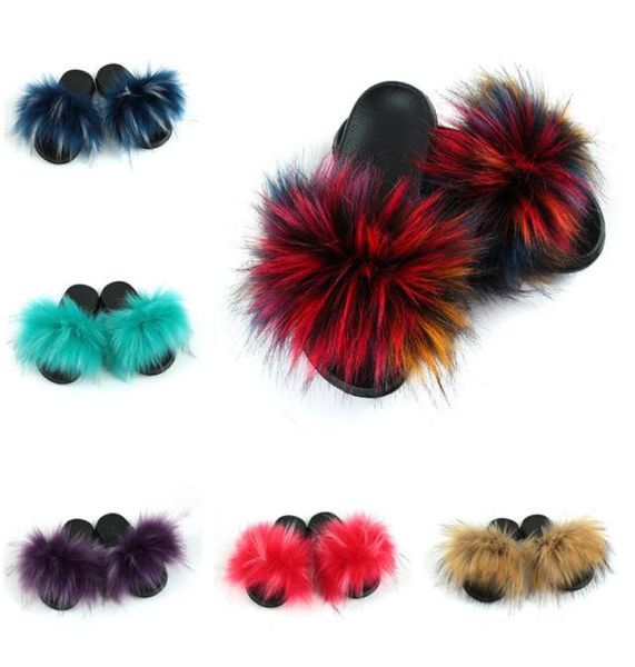 

luxury fur slippers girl faux fur slides home furry flat kids sandals female cute fluffy house children shoes for 210 years99076627097836, Black;red