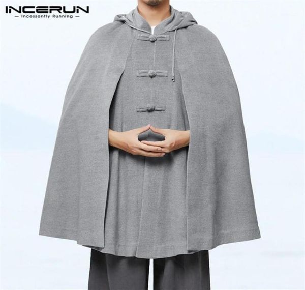 

men039s trench coats men cloak hooded solid vintage button casual loose jackets ponchos retro fleece streetwear cape male s5xl6925197, Tan;black