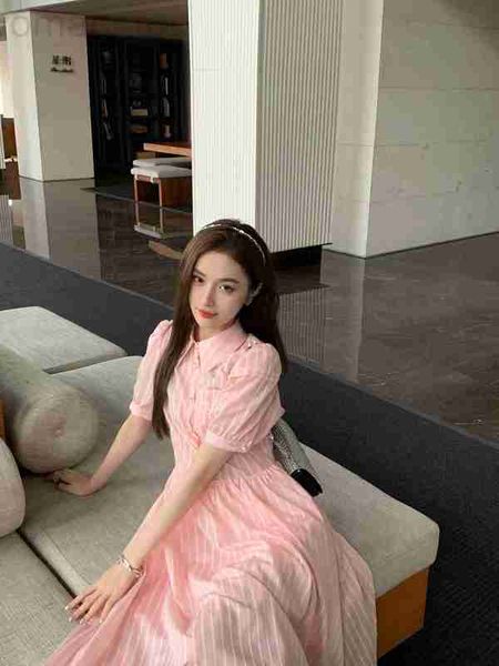 

basic & casual dresses designer p family 23 spring/summer new vertical stripe printing letter decoration polo neck bubble short sleeve dress, Black;gray