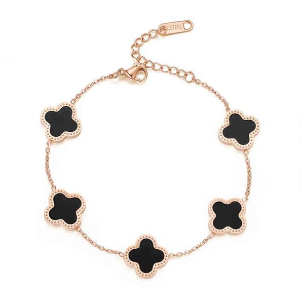 

japan and south korea fashion titanium steel clover five flower female lucky grass acrylic 18k rose gold bracelet5595064, Black