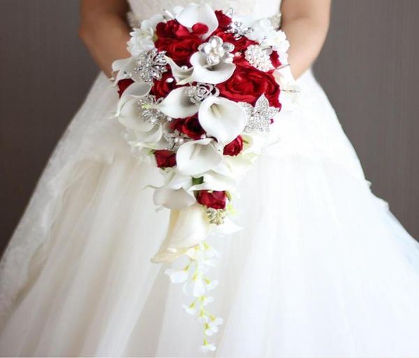 

cascading bridal bouquets wedding flowers with artificial pearls and rhinestone white calla lilies red rose de mariage decoration 6715652