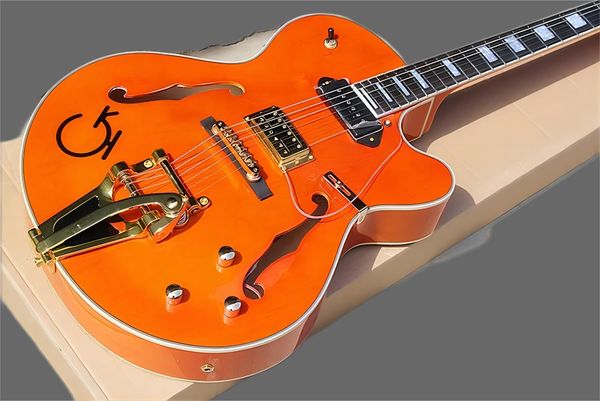 

jazz semi-hollow double f hole orange electric guitar gold hardware rectangular frets rosewo
