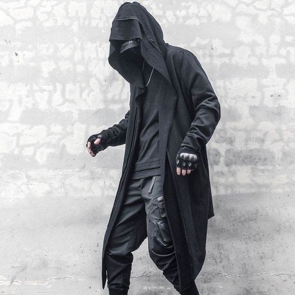 

men's trench coats japanese dark style long hooded cardigan windbreaker men's asymmetric personality cross stitched cape coat 2308, Tan;black