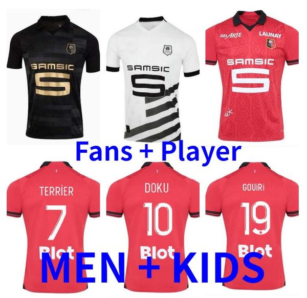 

stade rennais 23 24 soccer jerseys rennes 2023 2024 camavinga bourigeaud niang doku hunou men kids kits maillots de football jersey player v, Black;yellow