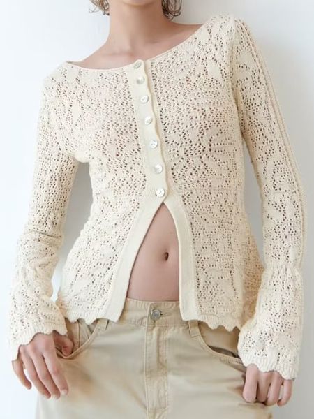 

women's knits tees jacquard mesh knitted cardigan autumn v neck flare sleeve elegant chic crochet outerwear 2023 vintage sweater women, White