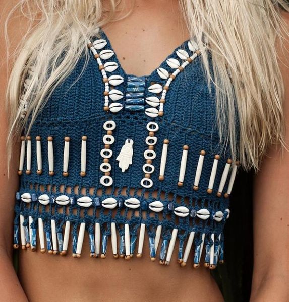 

new summer bohemian swimwear for women vintage shell beaded crochet swimsuit halter tankinis bikini set shorts knitted bikini suit5727684, White;black