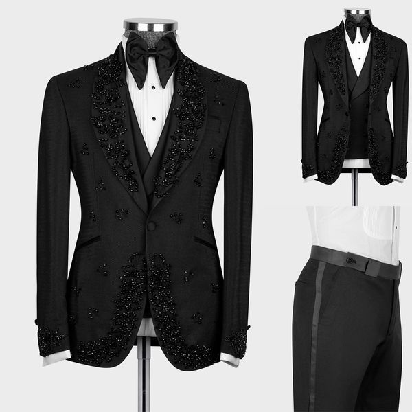 

vintage men wedding suits for prom shawl lapel slim fit jacket groom wear beads 3 pcs coat pants vest custom made, Black;gray