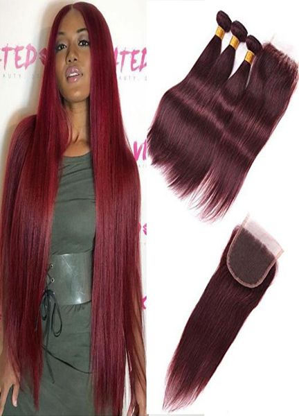

99j burgundy brazilian virgin hair weave with closure 4pcs lot wine red silky straight human hair 3 bundles with 4x4039039 9304099, Black;brown