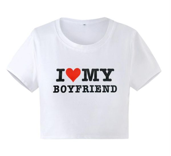 

designer t shirt summer short sleeve women tshirt i love my boyfriend tee, White