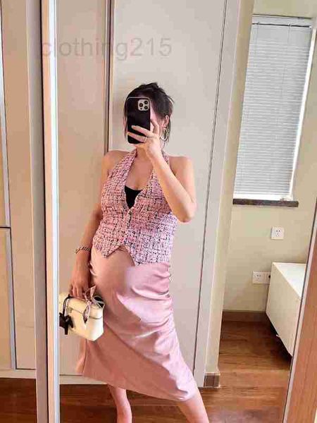 

basic & casual dresses designer 2023ss spring/summer new coarse tweed wool blended hanging neck open back vest r8sk, Black;gray
