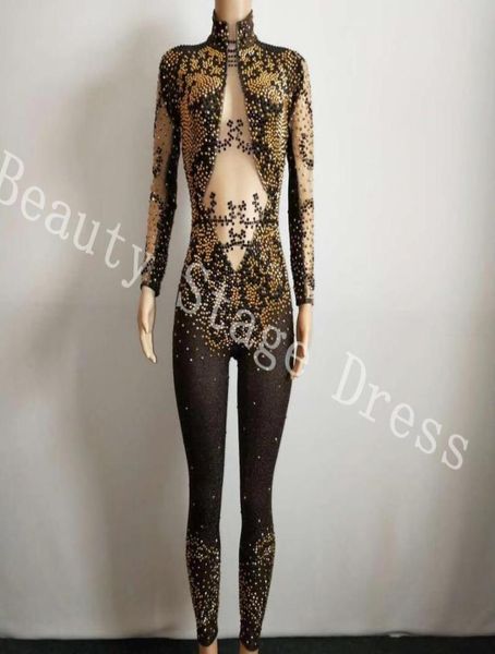 

new crystals gold s mesh jumpsuit bright silver rhines bodysuit women039s celebrate luxurious costume see through jum1208053, Black;red