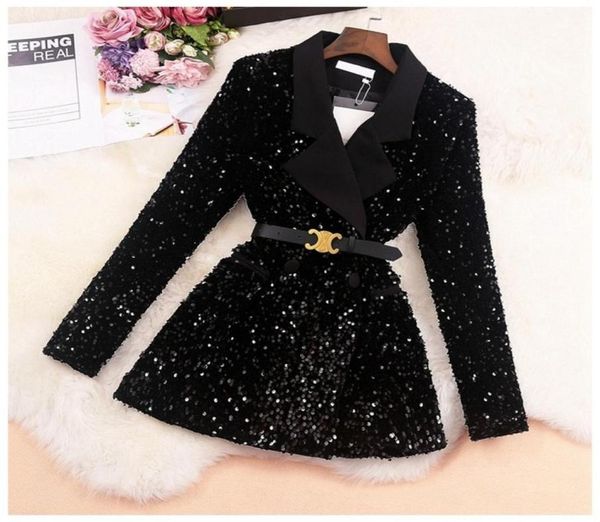 

2023 women jackets autumn ladies sequined coat female notched collar fashion shiny sequin women blazers long sleeve outer wear jac8000302, Black;brown