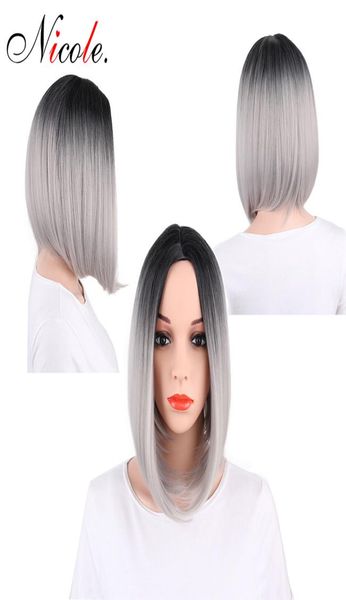 

12quot bob wigs full head short straight synthetic wigs for women omber black to grey natural looking heat resistant wig 8661636