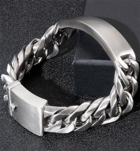 

bangle massive engravable id bracelet for men 18mm brushed matte stainless steel mens on hand chain bracelets jewellery mannen arm7007728, Black