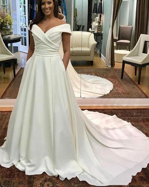 

vestido de novia 2019 plus size a line wedding dresses with off shoulder elegant satin wedding bridal dresses with pocket83590966438214, White