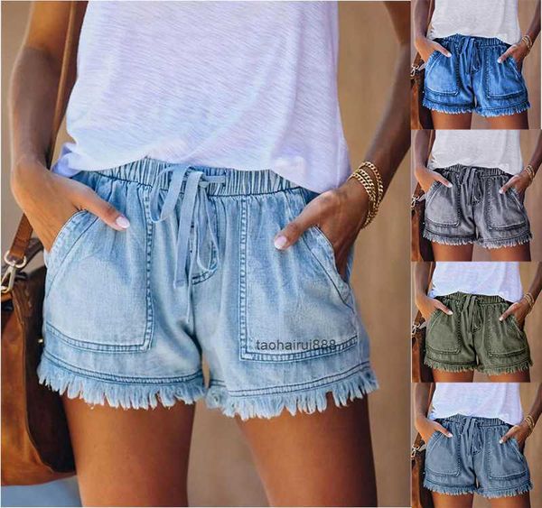 

summer new elastic waist drawcord casual high waist slim denim shorts women, Blue