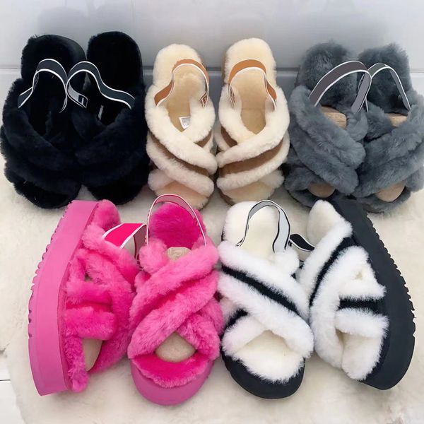 

new designer australian women's slippers warm snow boots thick soled cross slippers fashion multicolor bedroom home wool slides slipper, Black