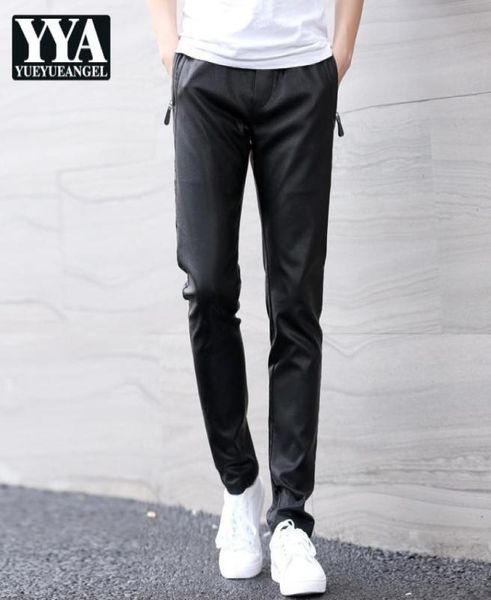 

mens elastic waist pu leather harem pants straight casual streetwear slim fit trousers male big size faux leather black pants2572584
