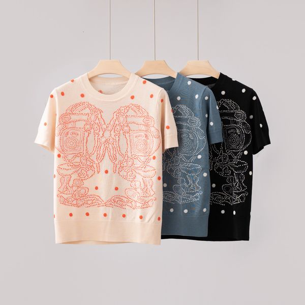 

women's sweaters luxury wool silk knit shirt simple design short sleeve vintage dots jacquard knitwear pullovers jumper spring summer 2, White;black