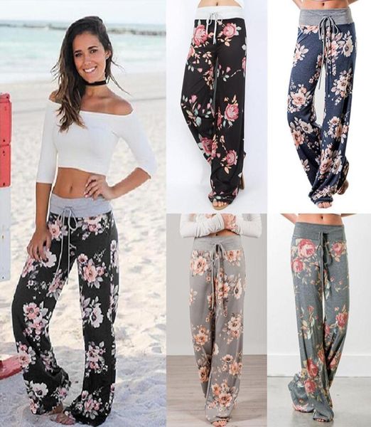 

women039s floral flare pants drawstring flower print wide leg pants loose straight trousers long female plus size4062859, Black;white
