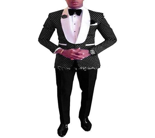 

one button black polka dot wedding groom tuxedos shawl lapel groomsmen mens dinner blazer suits jacketpantstie 2586649926, Black;gray