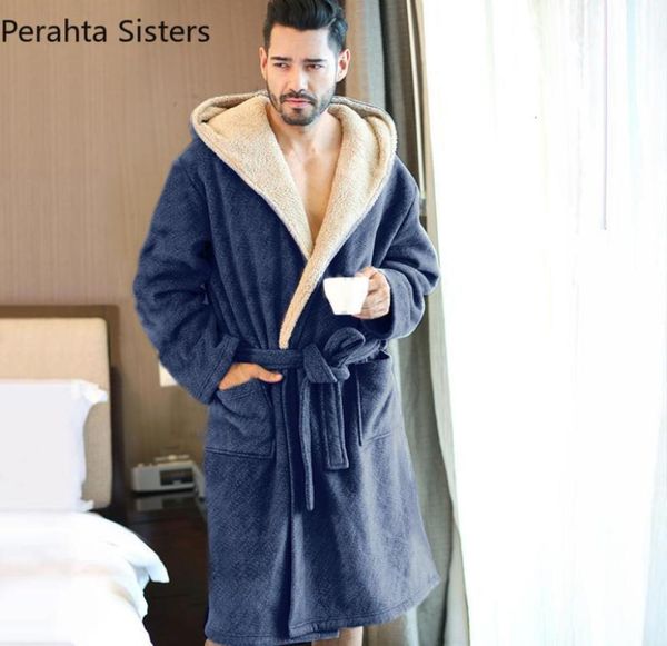 

men039s robes coral cashmere winter bathrobe men blue comfort flannel hooded bath robe wiht string male thick warm dressing gow1650334