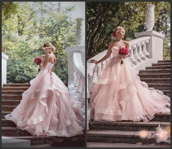 

2019 new blush pink garden wedding dresses with ribbon sweetheart beads ruffles skirt princess bohemian bridal dresses with sweep 9992318, White