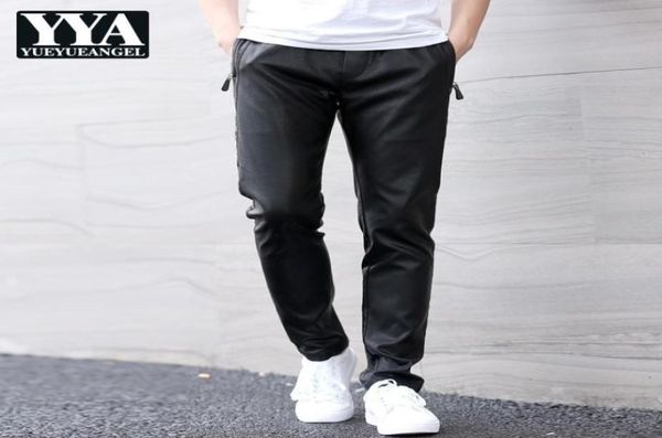 

mens elastic waist pu leather harem pants straight casual streetwear slim fit trousers male big size faux leather black pants5694369